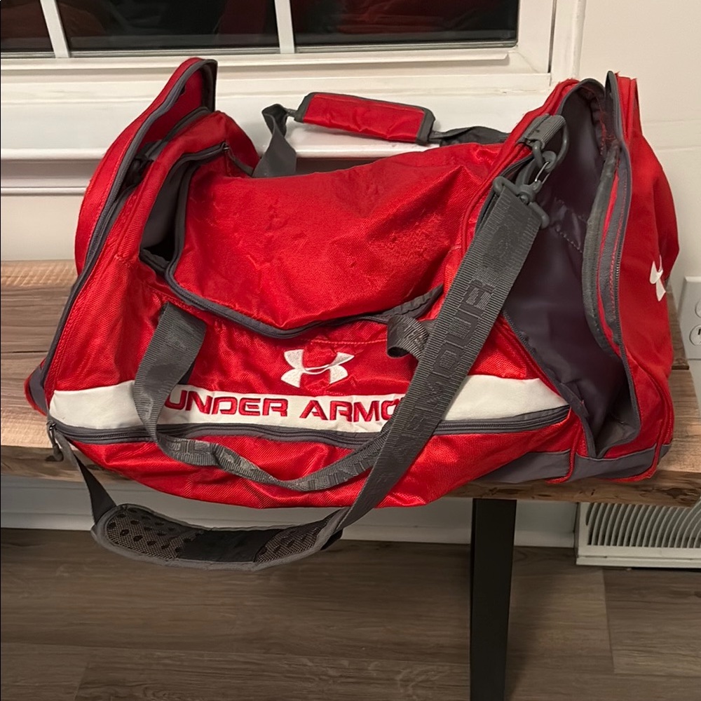 Under Armour Red and Gray Duffel Bag with Durable Design